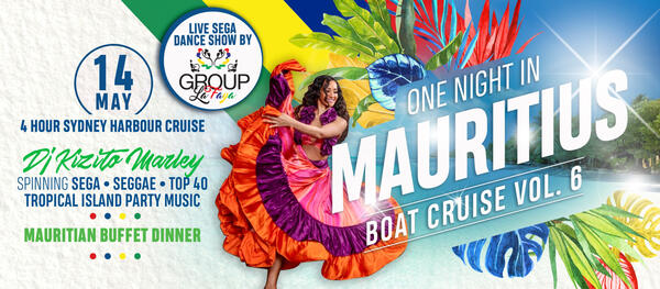 Image depicting the banner for 'One Night in Mauritius Events'. Pictured is Stephanie Bernard, the event organise, dancing the Mauritian sega in a colourful dress